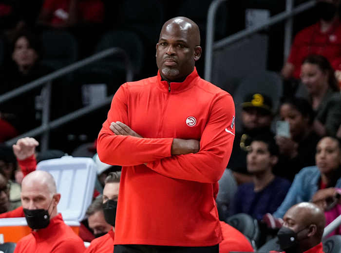 Atlanta Hawks head coach Nate McMillan during the game against the Cleveland Cavaliers during the second half at State Farm Arena.